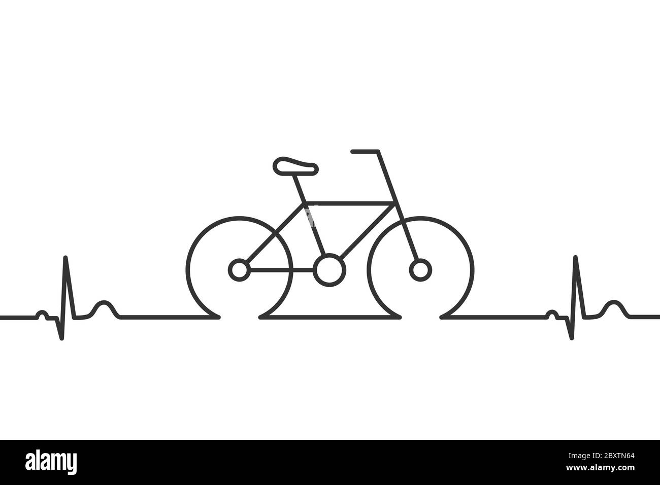 Fahrrad mit Herzschlag Linie Symbol. Radfahren als gesunder Lebensstil. Fahrrad mit Elektrokardiogramm (EKG oder EKG). Symbol für Impulslinie. Schwarze Umrandung auf Weiß Stock Vektor