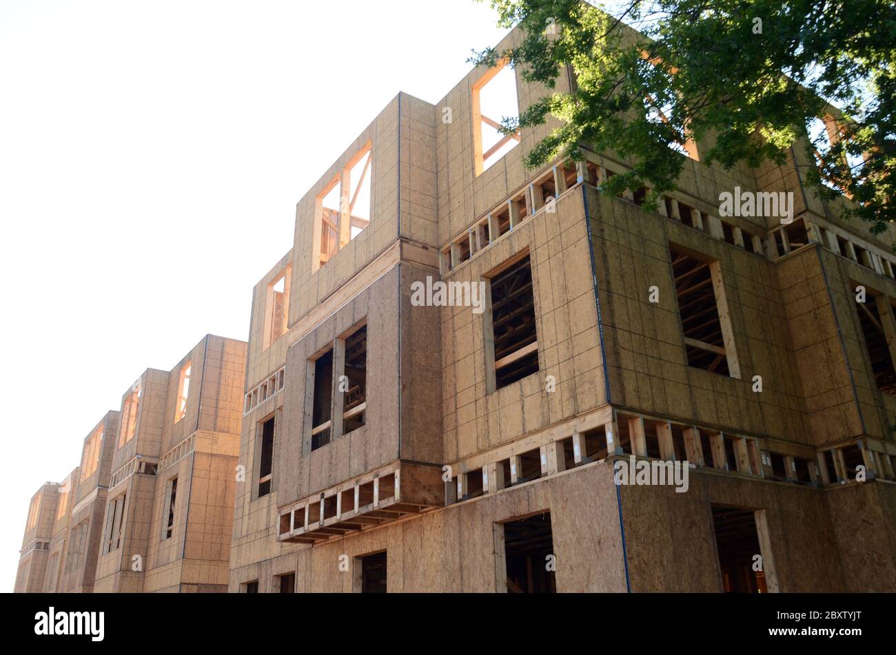 GEBÄUDE BAND 2: Ein Apartmenthaus wird in seiner holzumrahmten Phase errichtet. Stockfoto