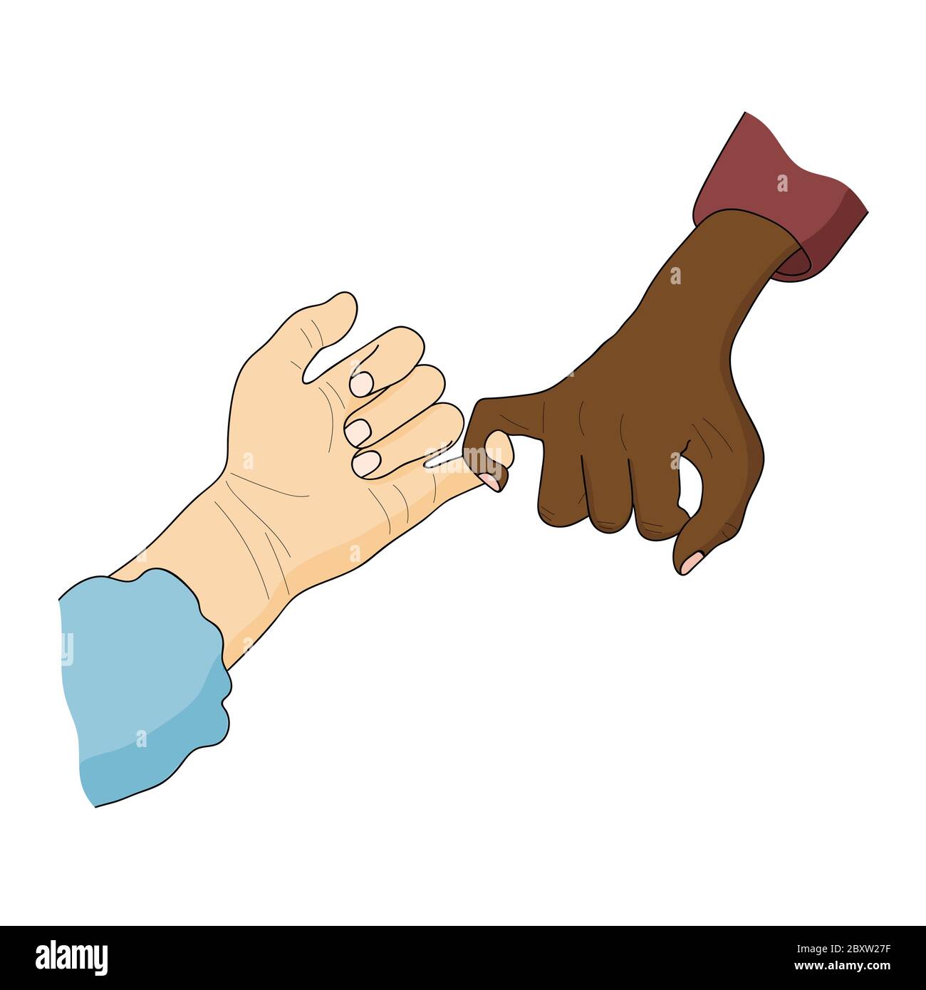 Pinky schwören. Weiße und schwarz-häutige Hände. Antirassismus, Antidiskriminierung, Friedenskonzept. Cartoon Vektor Illustration. Stock Vektor