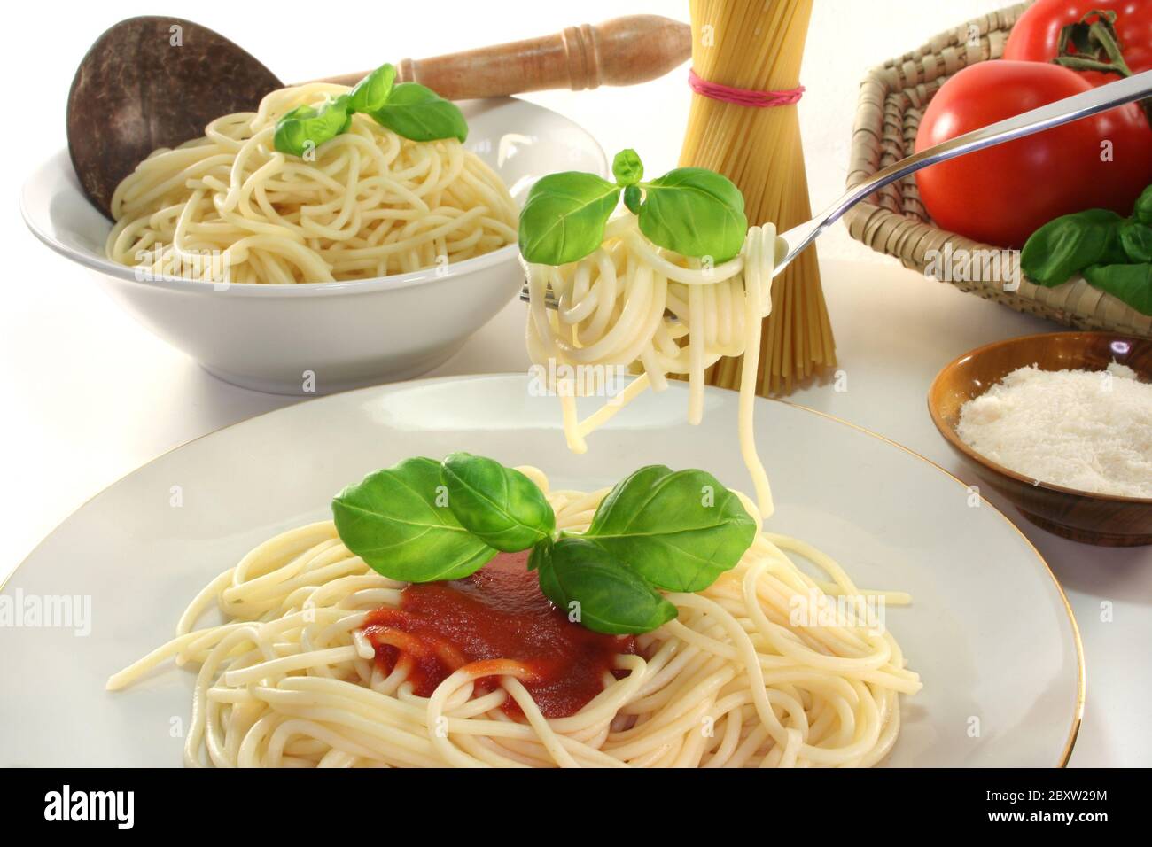 Spaghetti auf einer Gabel Stockfoto