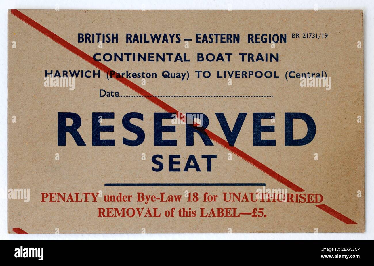 British Rail Sitzreservierung Hinweis für Continental Boat Train Stockfoto