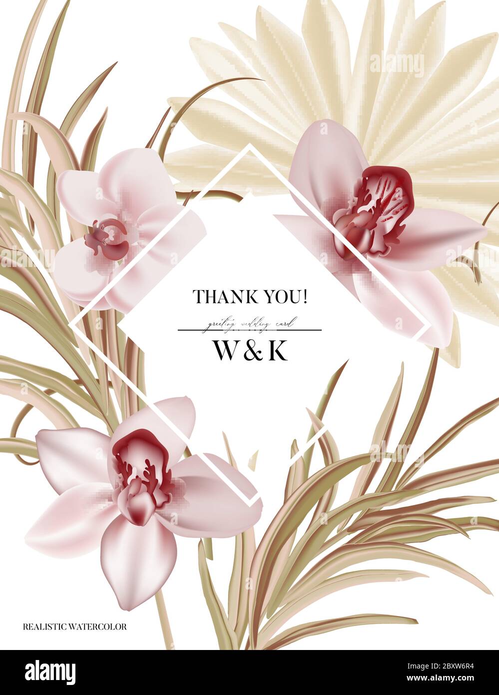 Orchidee Hochzeit Einladung, floral laden grüne Pampas Gras, tropische  Palmblatt, rosa Blume Blüte dekorative Weihnachtskarte. Realistischer  Vektor elegant Stock-Vektorgrafik - Alamy