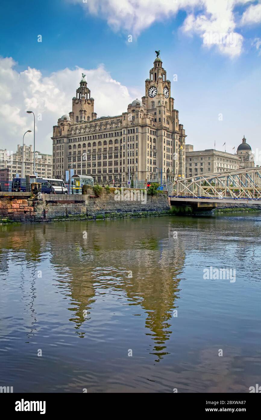 Liverpool Waterfront mit dem Royal Liver Building im Vordergrund und Reflexionen der Stadt im Mersey River, Liverpool, England, UK. Stockfoto