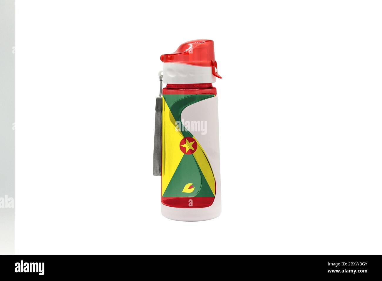 Sportwasserflasche mit Grenada-Flagge auf der Flasche und isoliert auf weißem Hintergrund. Gesundes Lifestyle-Konzept. Stockfoto