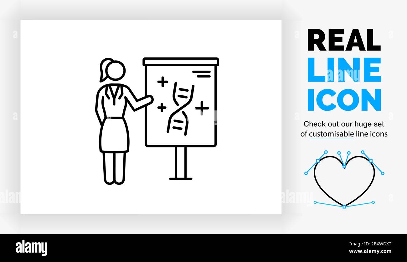 Editierbare reale Linie Symbol einer Strichfigur Geschäftsfrau, die eine Präsentation über Drogen gibt Stock Vektor