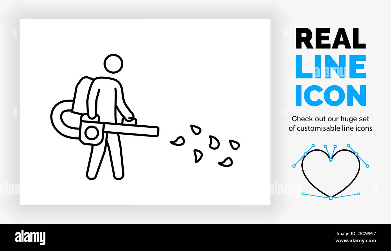 Editierbares reales Liniensymbol einer Stabfigur mit einem Laubbbläser Stock Vektor