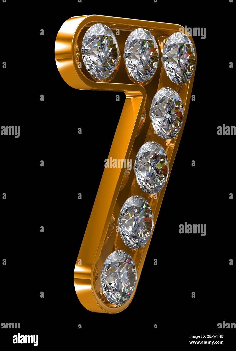 Goldene 7 Zahl mit Diamanten verkrustet Stockfoto