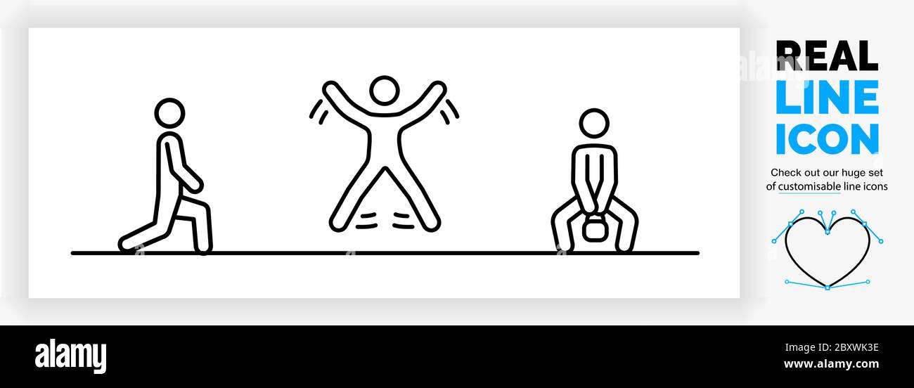 Editierbare reale Linie Symbol einer Stick Figur Person, die fit zu Hause Stock Vektor
