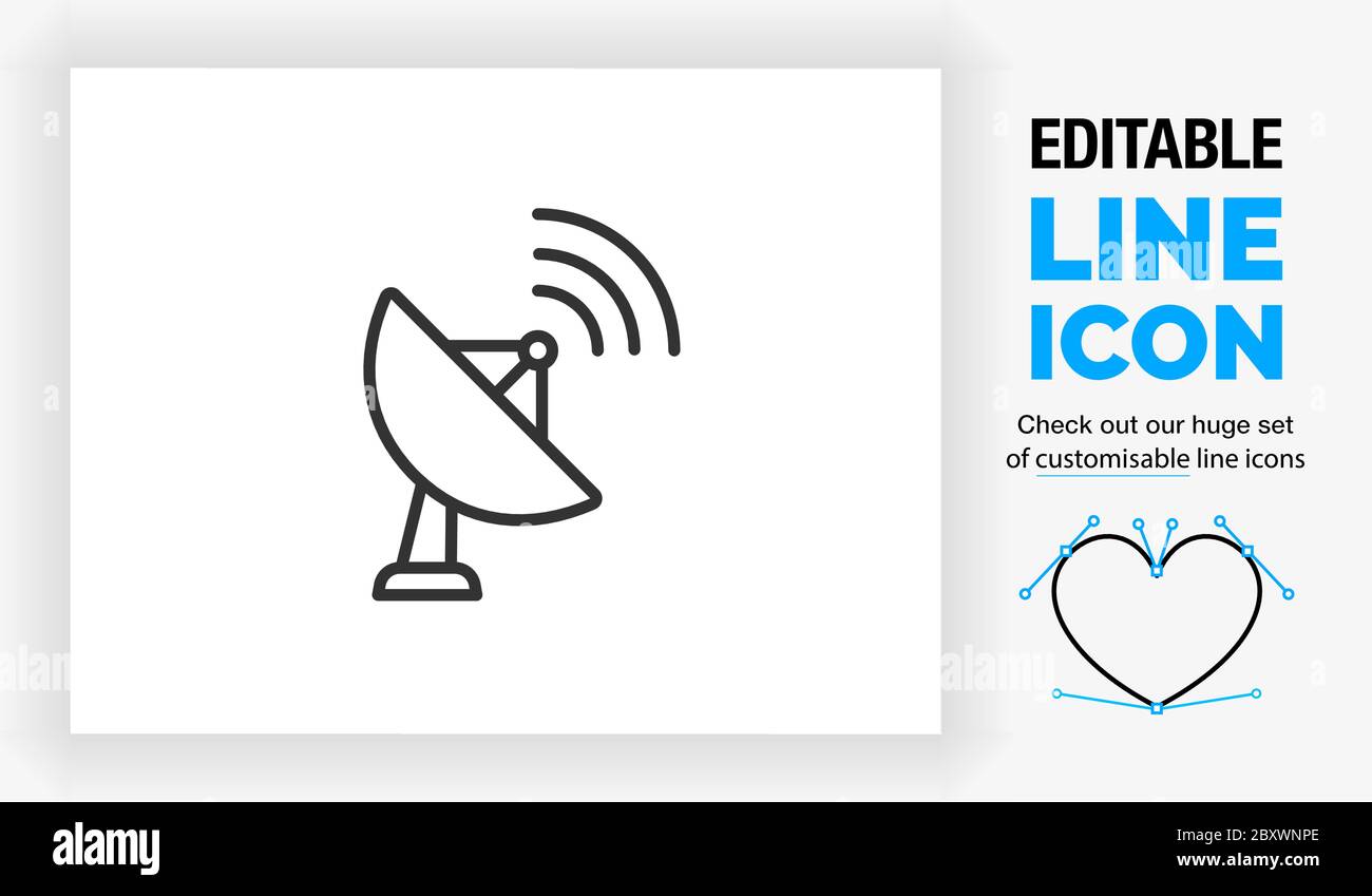 Bearbeitbares Liniensymbol einer Seitenansicht einer Satellitenschüssel Stock Vektor