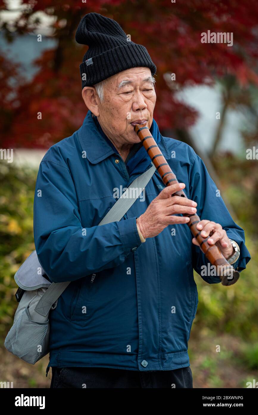 Ein älterer Mann spielt die Flöte für Touristen und Besucher am Ausgang des Bahnhofs Arashiyama.Bäume im Hintergrund sind mit vollen Herbstfarben. Stockfoto