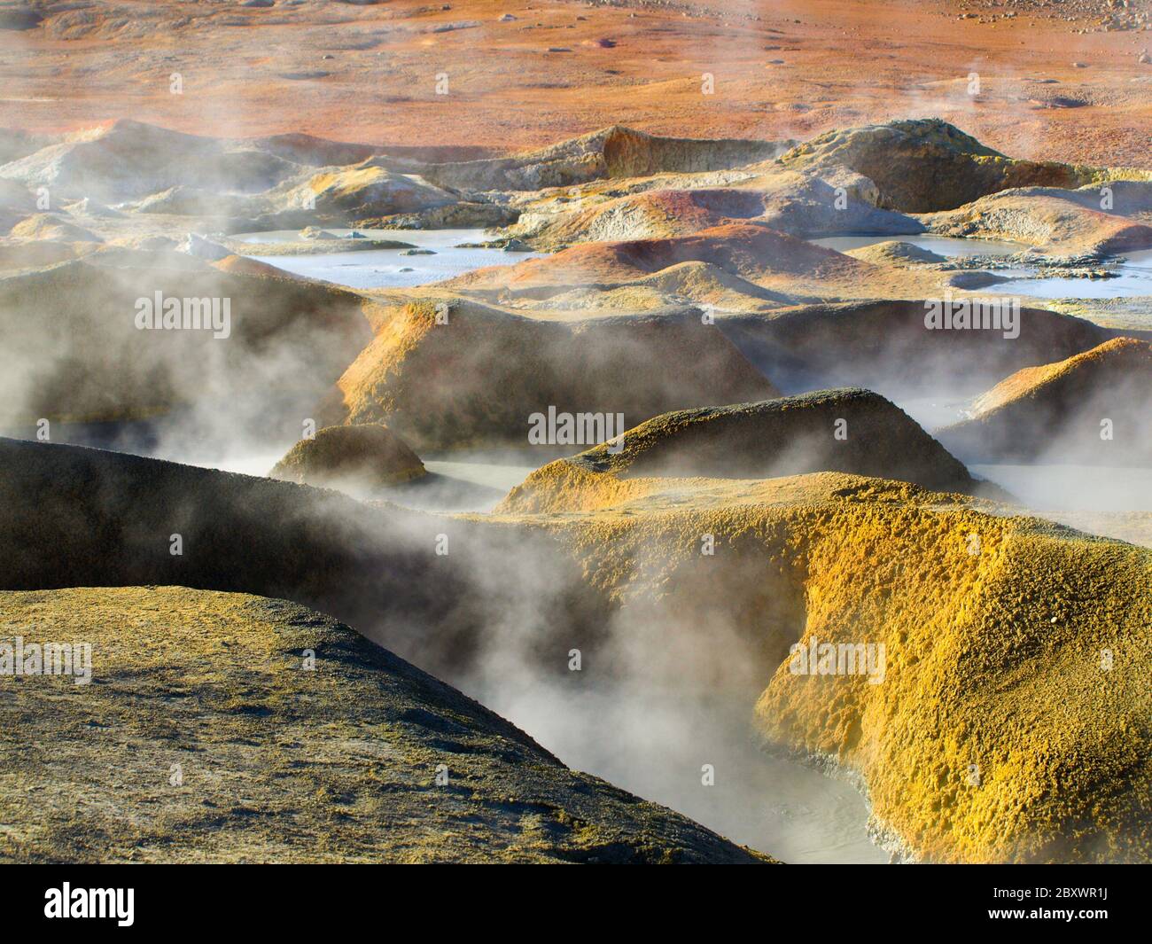 Mondlandschaft des Geysir Sol de Manana im Nationalpark Eduardo Avaroa in Altiplano von Bolivien, Anden Stockfoto