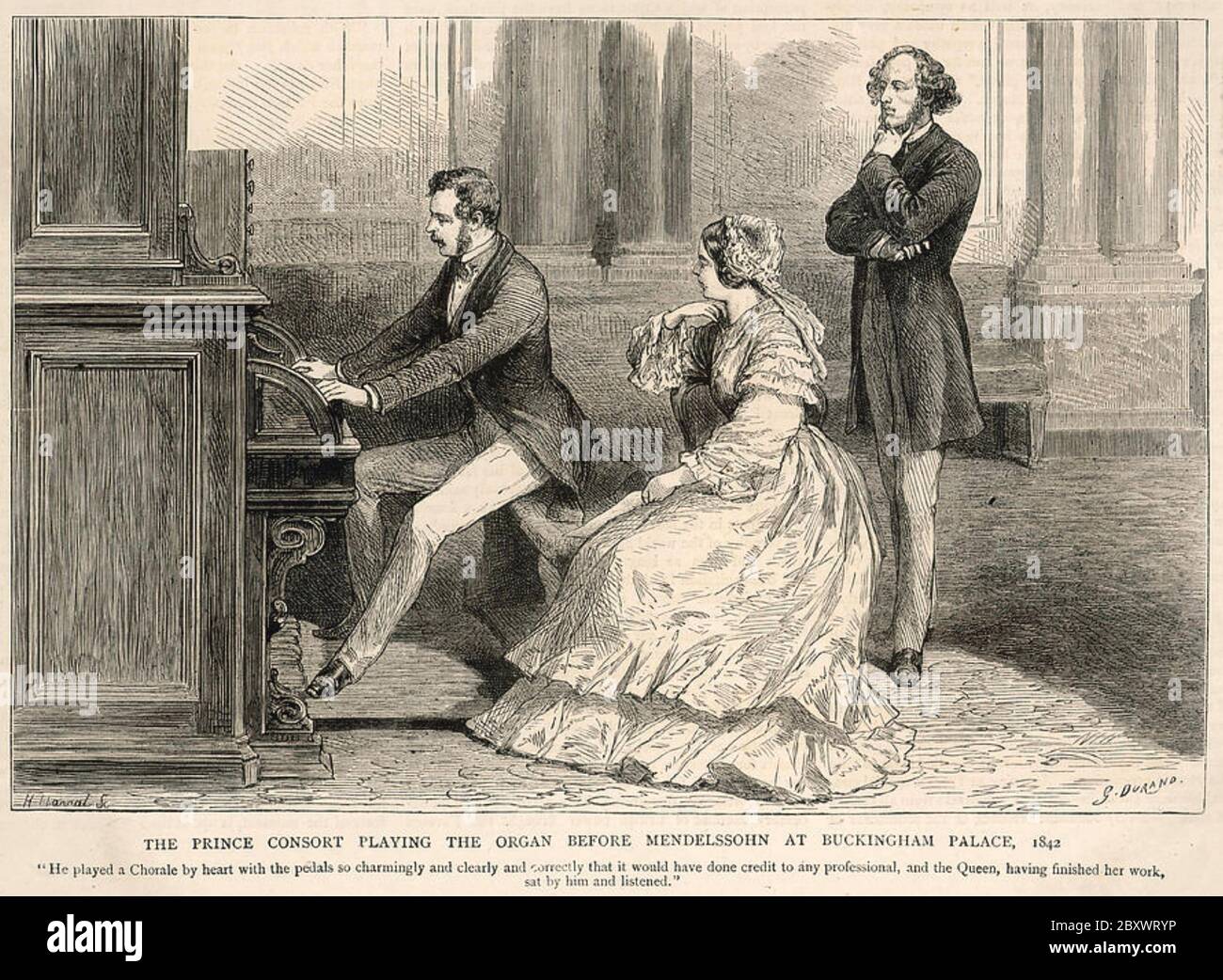 PRINZ ALBERT spielt Klavier, beobachtet von Königin Victoria und dem deutschen Komponisten Felix Mendelssohn Stockfoto