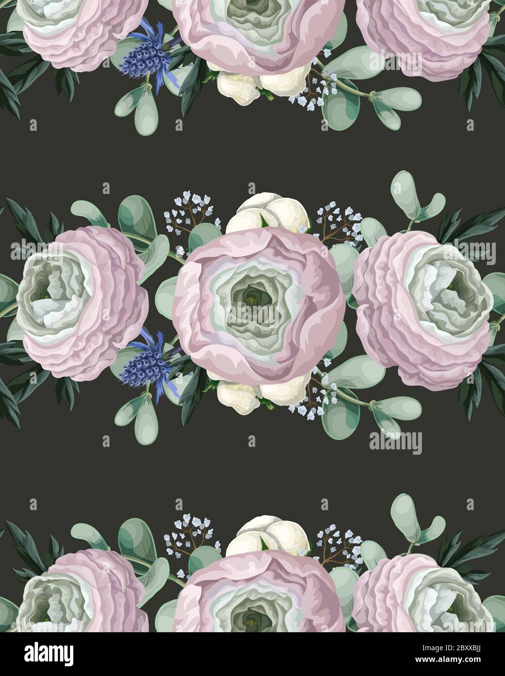 Nahtloses Muster mit zarten Ranunculus, Eukalyptus und Wildblumen. Vektor. Stock Vektor