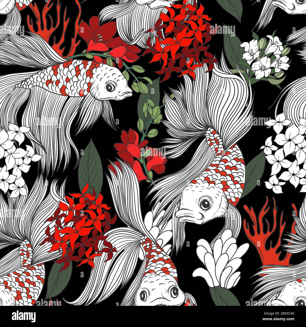 Nahtloses Muster mit Fisch und Blumen im Grafikstil. Vektor. Stock Vektor