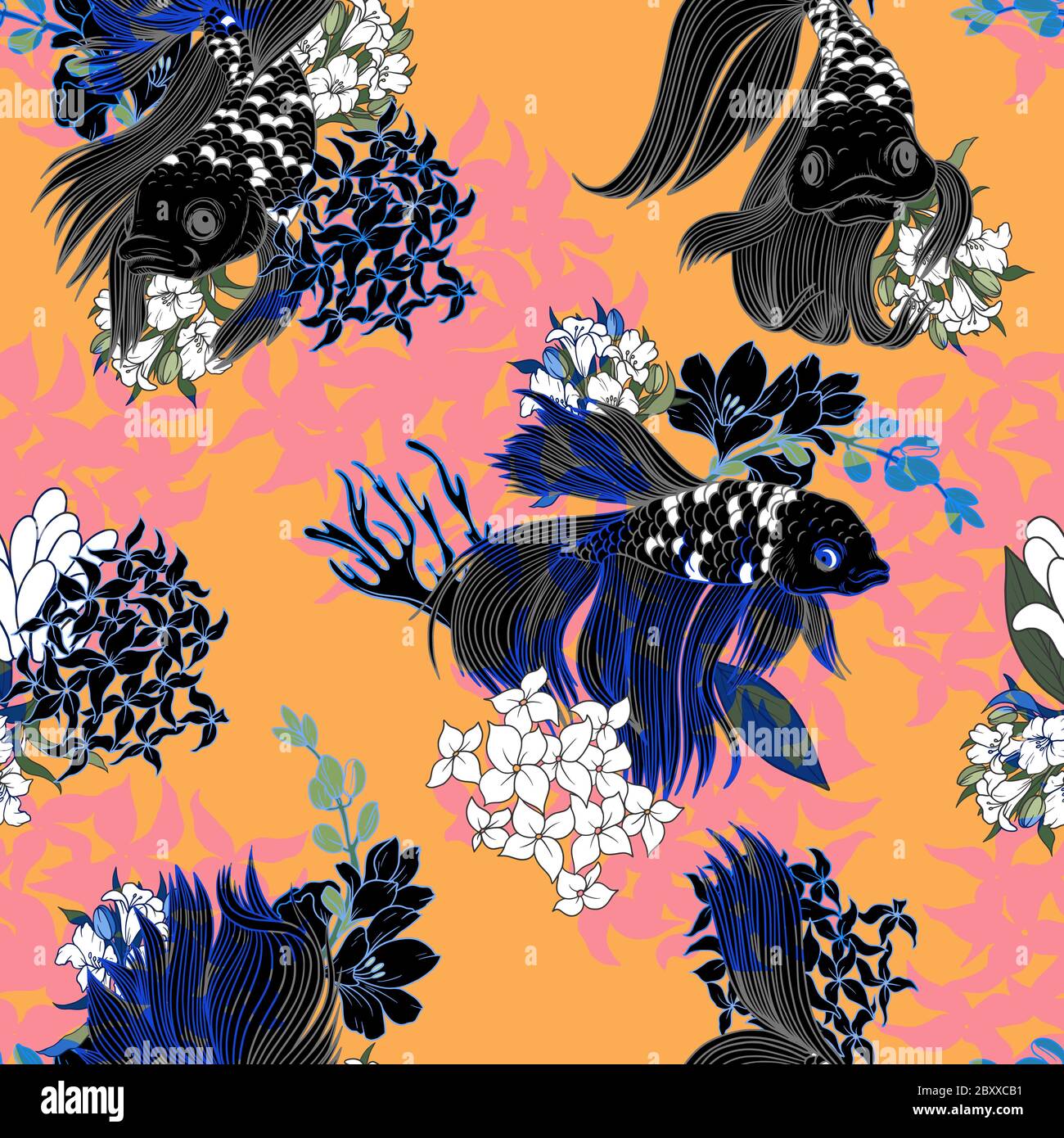 Nahtloses Muster mit Fisch und Blumen im Grafikstil. Vektor. Stock Vektor