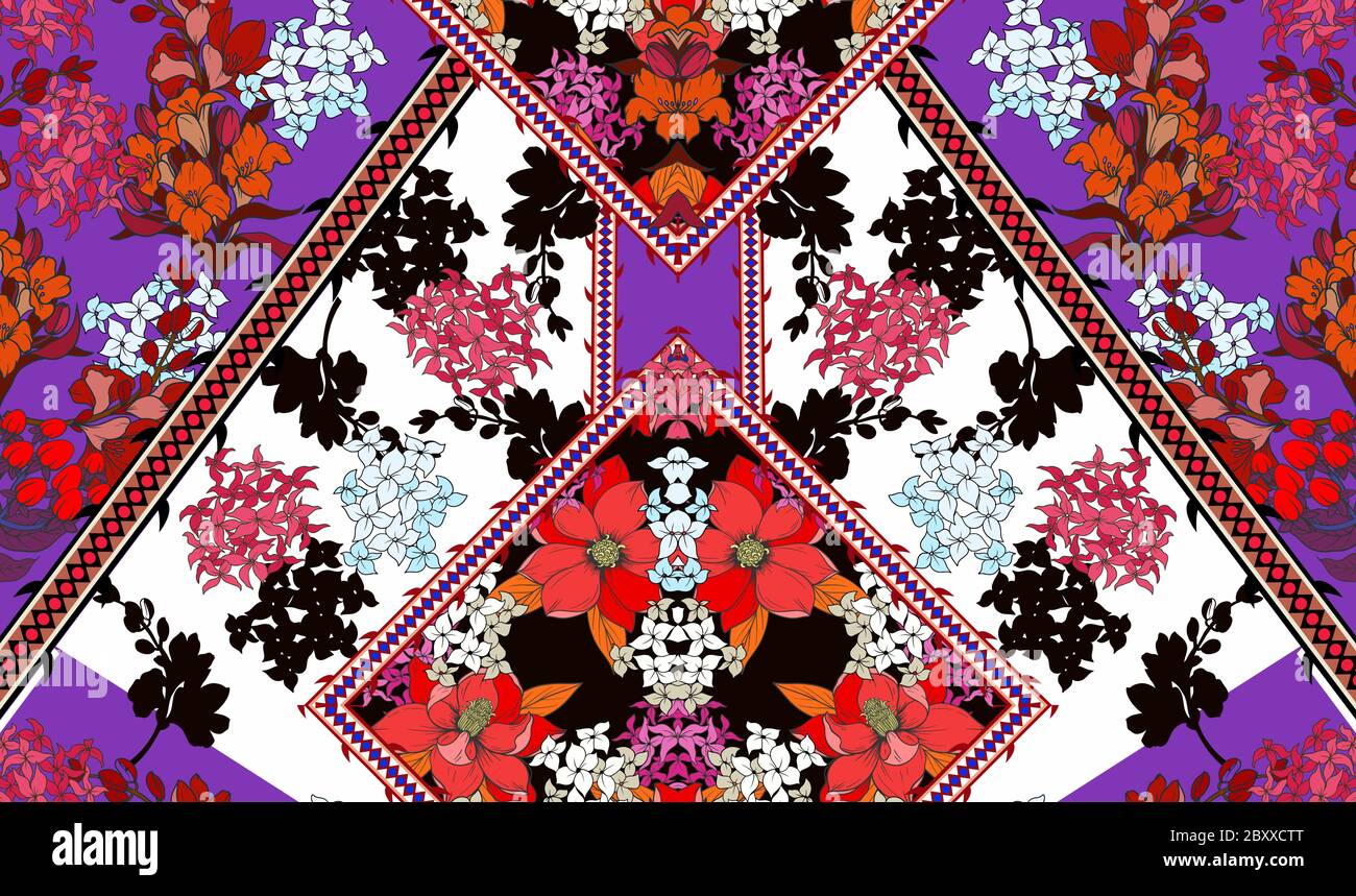 Nahtloses Muster mit Patchwork Grafikblumen für textiles Design. Vektor Stock Vektor