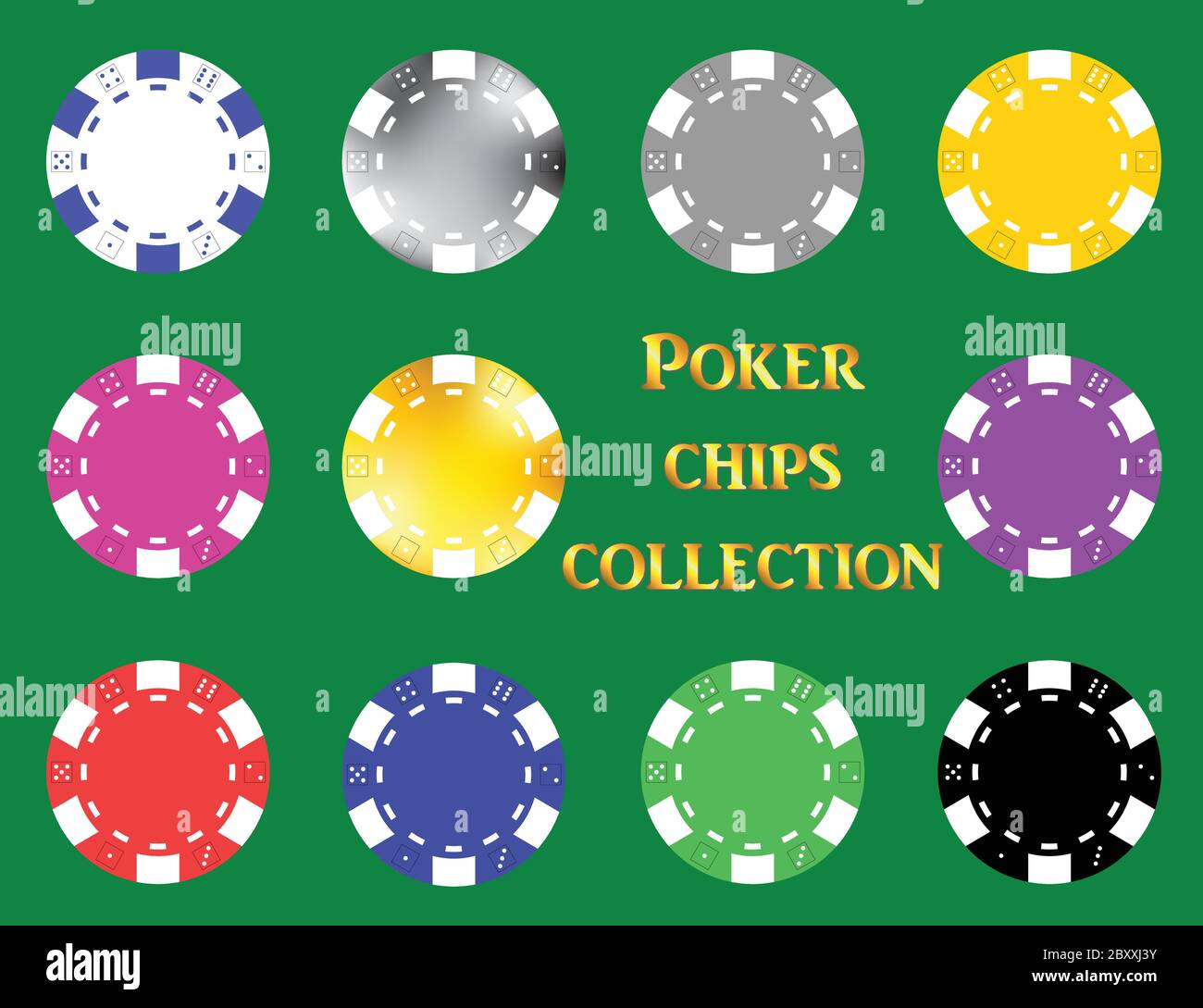 Poker Chips auf grün isoliert Hintergrund gesetzt. Stock Vektor