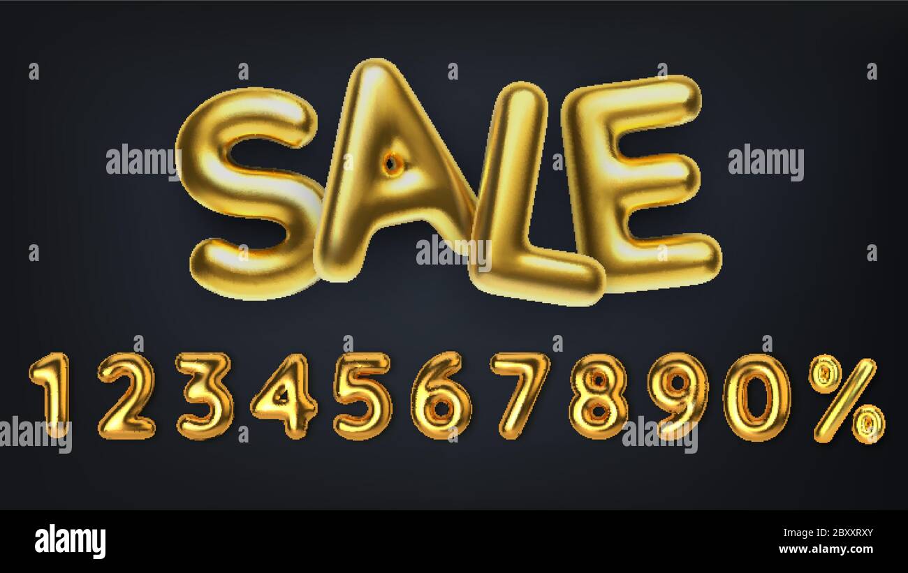 3D realistische goldene Inschrift Verkauf. Setzen Sie Rabatt Promotion Verkauf aus realistischen 3d Gold Ballons. Zahl in Form von goldenen Ballons Stock Vektor