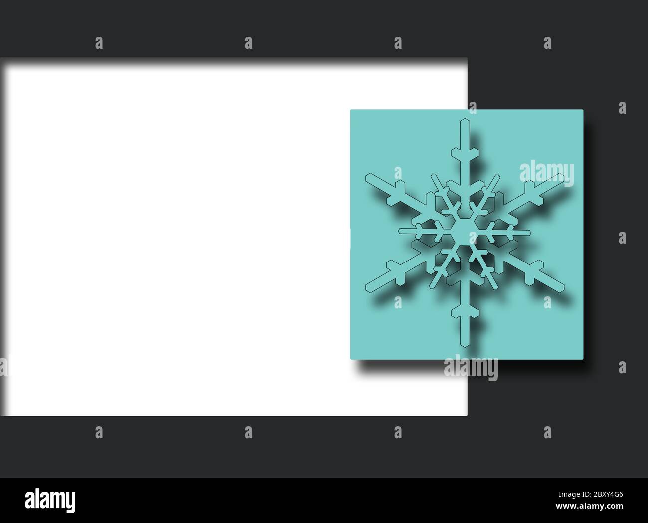 Symbol von türkisfarbenen Pastell Schneeflocken auf weißem, hellblau weißem Hintergrund. Weihnachten Neujahr nordisch skandinavische Hintergrundkarte. Flach liegend Stockfoto