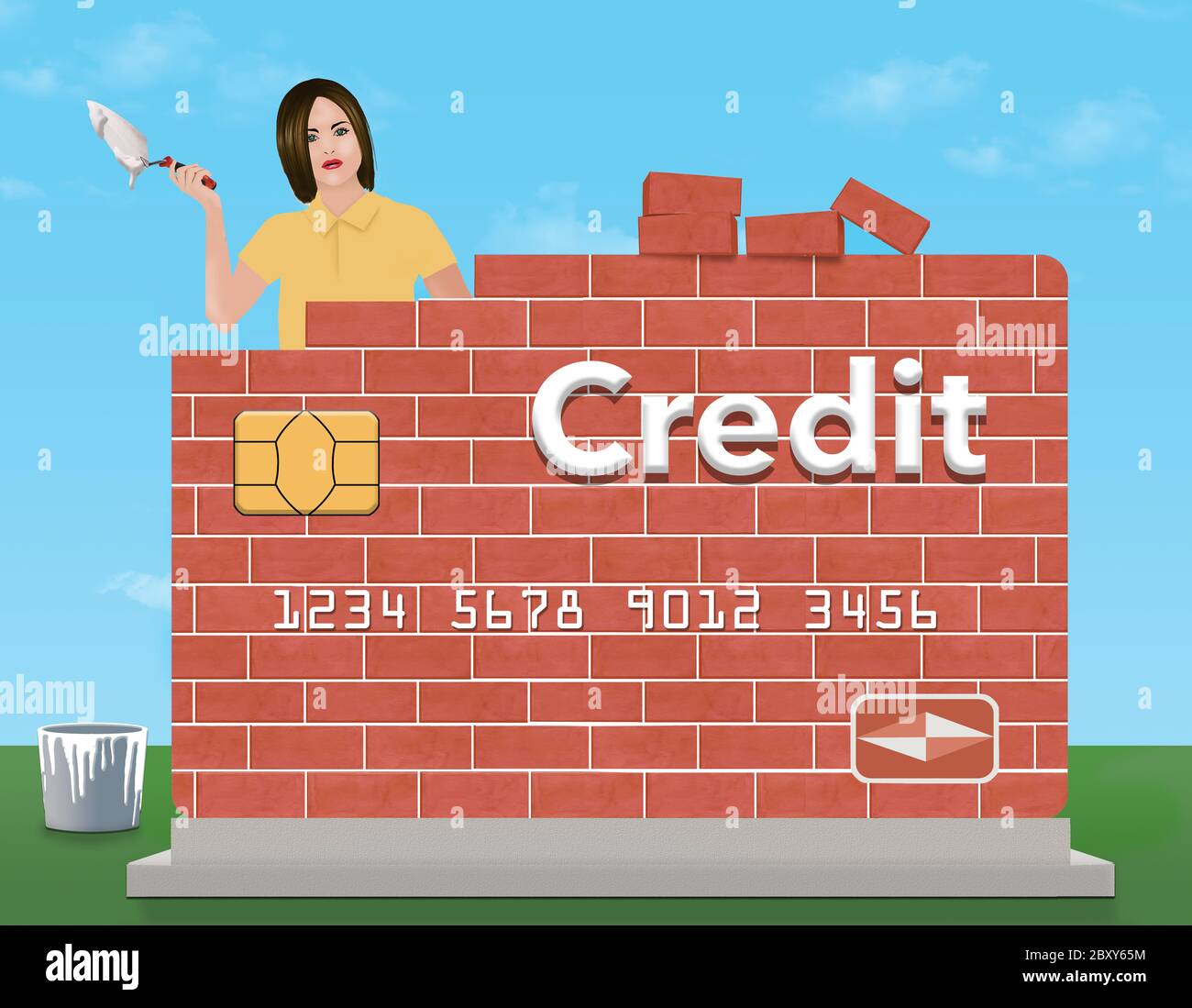 Eine junge Frau hält eine Kelle und Mörser, wie sie eine Backstein-Kreditkarte im Freien baut. Das Thema ist Wiederaufbau oder Reparatur Ihrer Bonität. Stockfoto