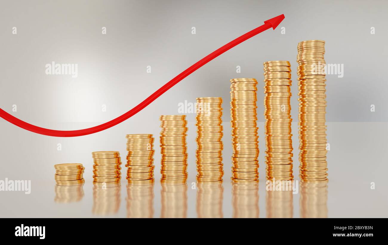 Goldmünzen Balkendiagramm mit rotem Pfeil auf weiß. Wachstum, Diagramm, Geschäftskonzept. 3d-Rendering. Stockfoto