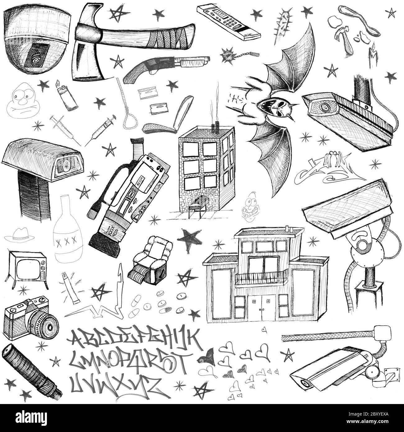 Hand-Drawn doodle Elemente - Kameras, Drogen, Waffen Stockfoto