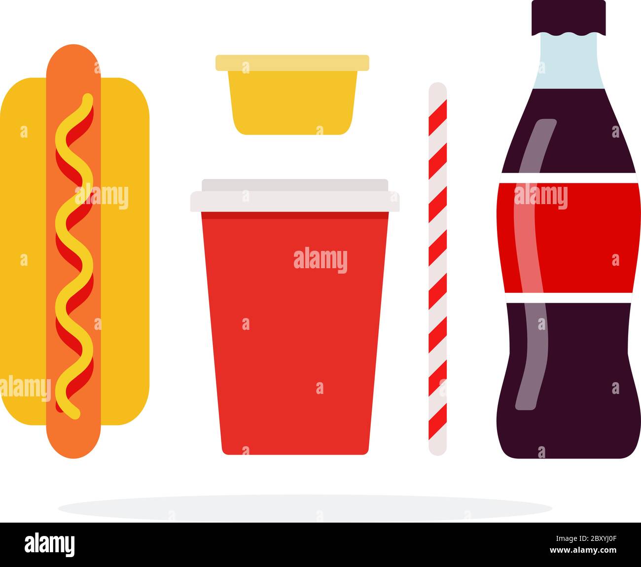 Hot Dog, großer Plastikbecher für Getränke, Soda in einer Flasche, Strohhalme, Senfbehälter Stock Vektor