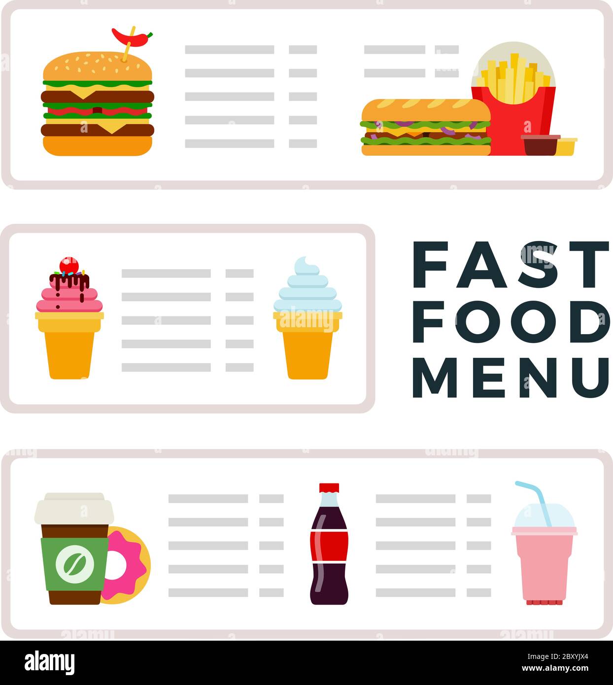 Fast-Food-Menü mit Eis, Burger und Getränke flat Vektor Stock Vektor