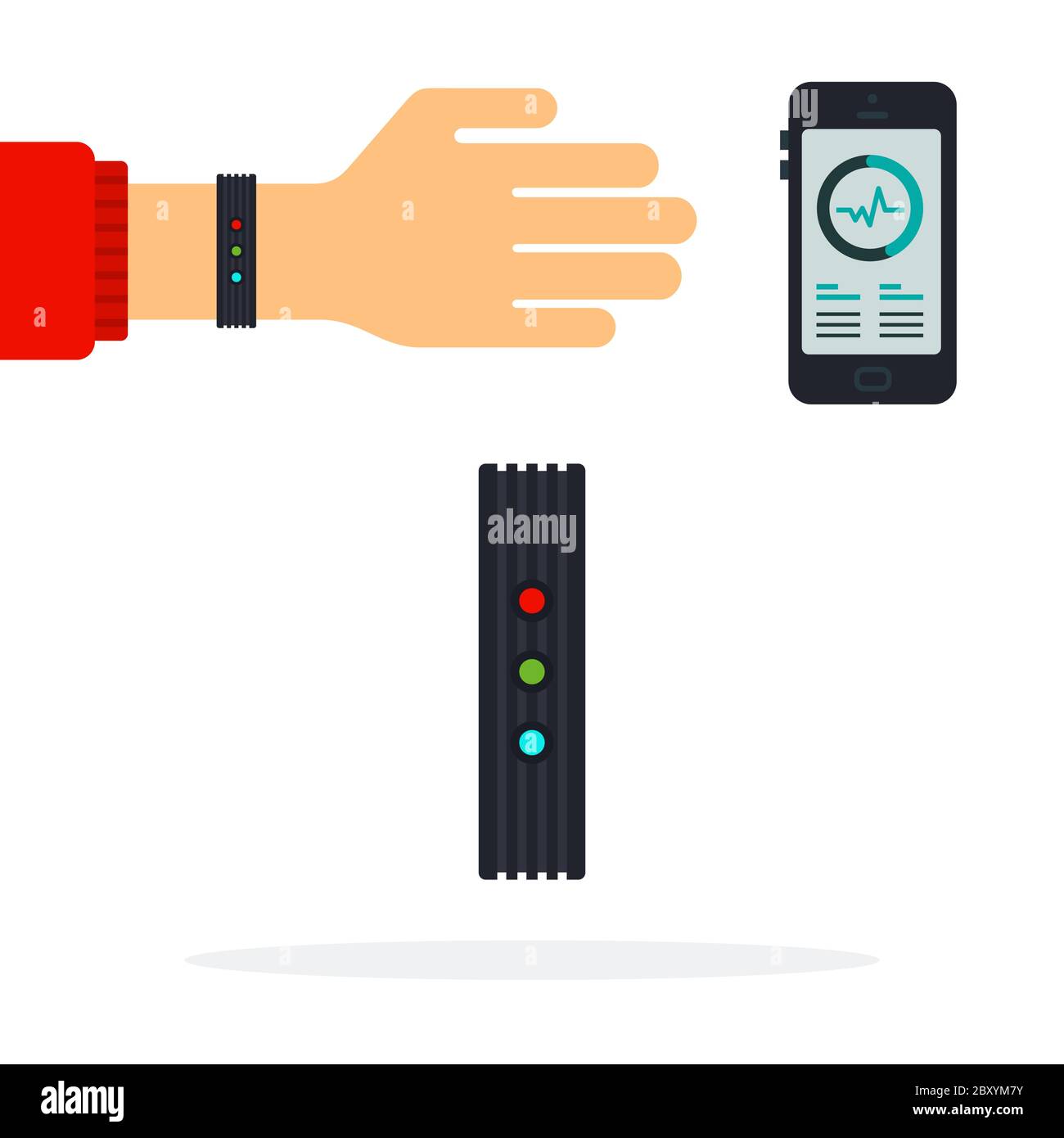 Fitness Armband mit Herzfrequenzsensor, Puls auf dem Bildschirm Fitness Tracker Vektor-Symbol flach isoliert Stock Vektor