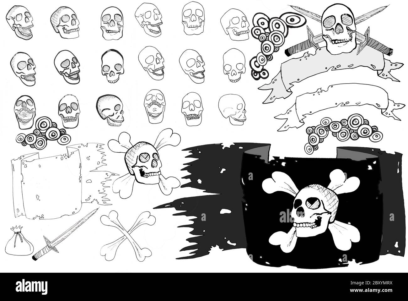 XXXL handgezeichnete Piratenschädel Stockfoto