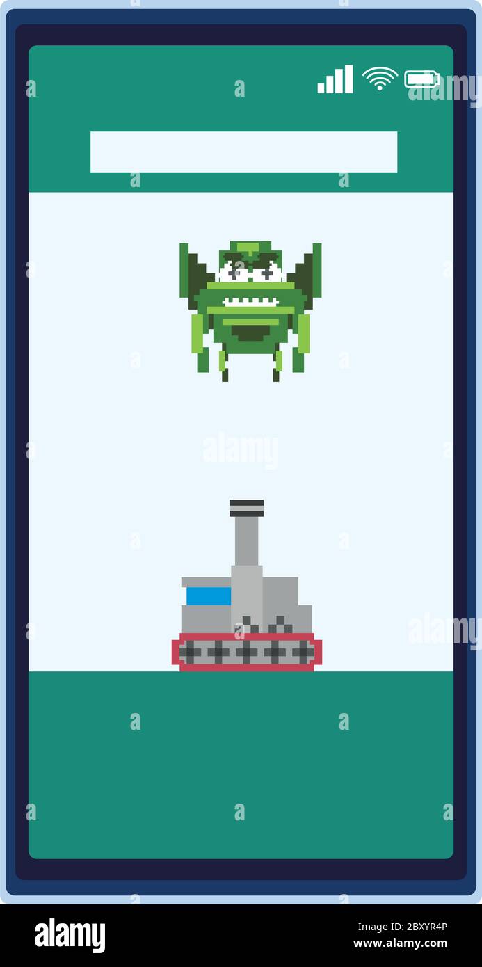 Raum Alien mit Krieg Tank in Smartphone 8 Bits pixelierte Symbol Vektor Illustration Design Stock Vektor
