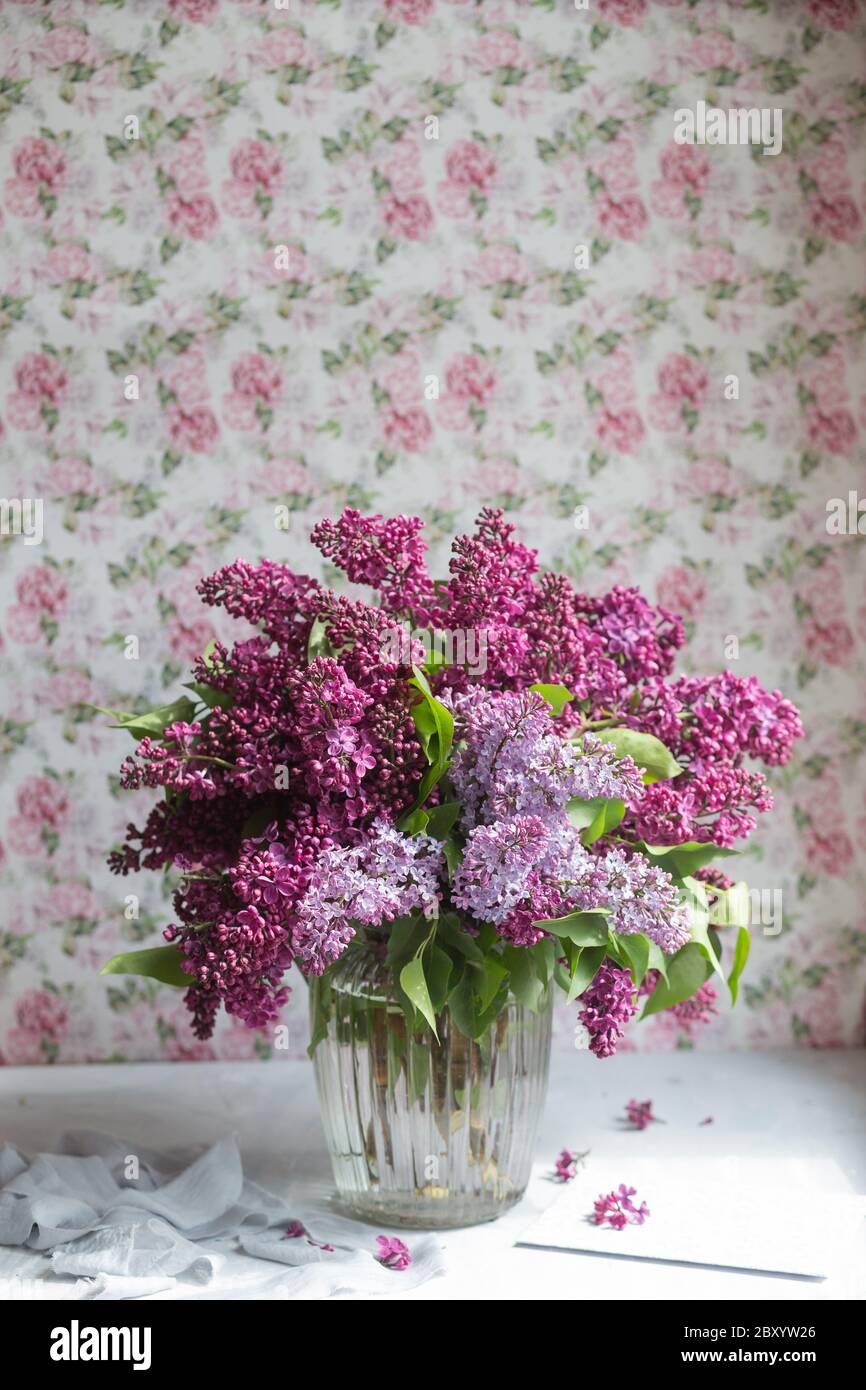 Bouquet von violettem Flieder in einer Glasvase. Stillleben mit blühenden Fliederzweigen in Vasen. Grußkarte Modell. Stockfoto