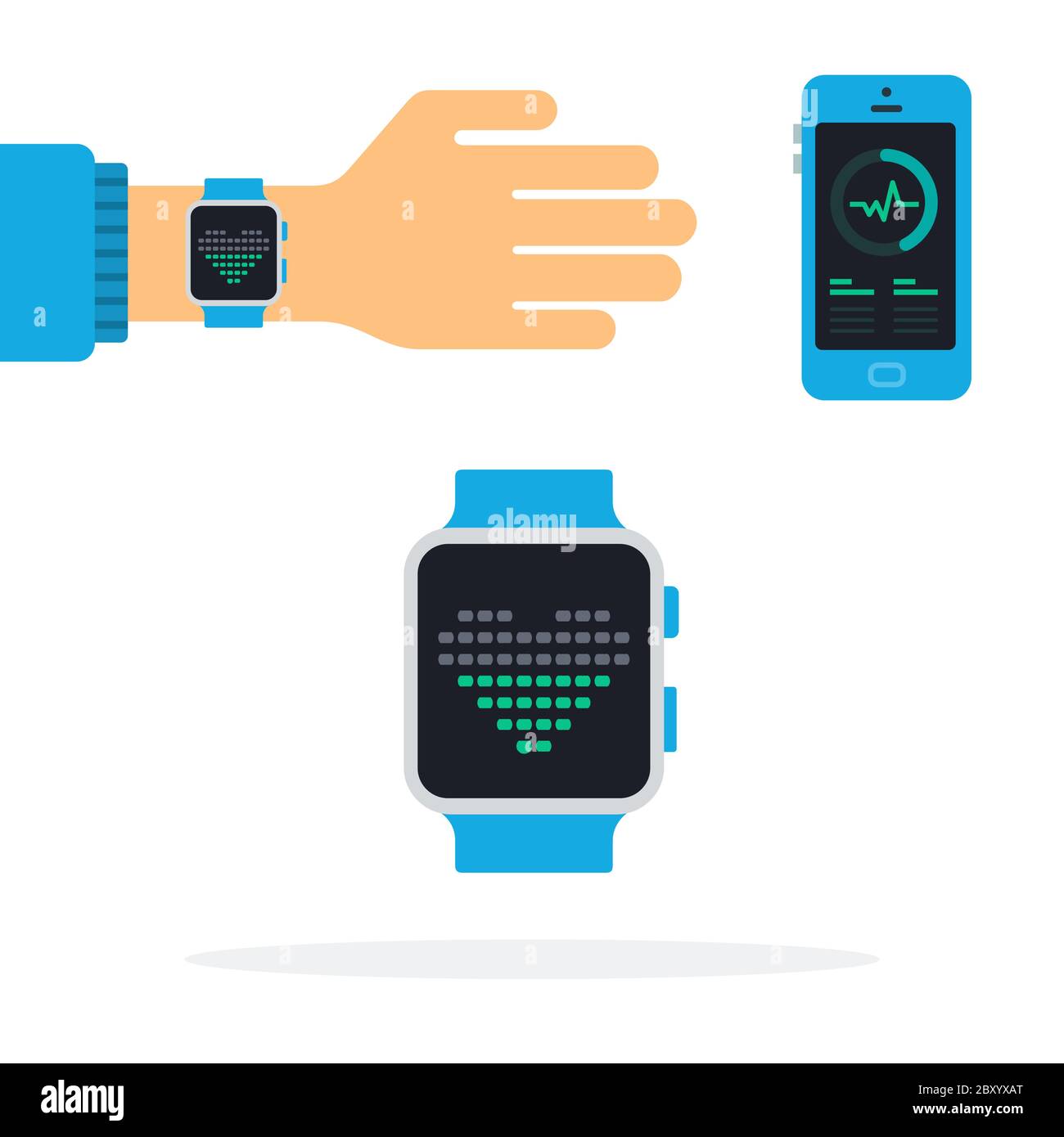 Fitness Armband in Form von Uhr und Herzfrequenzmesser Fitness Tracker Vektor-Symbol flach isoliert Stock Vektor