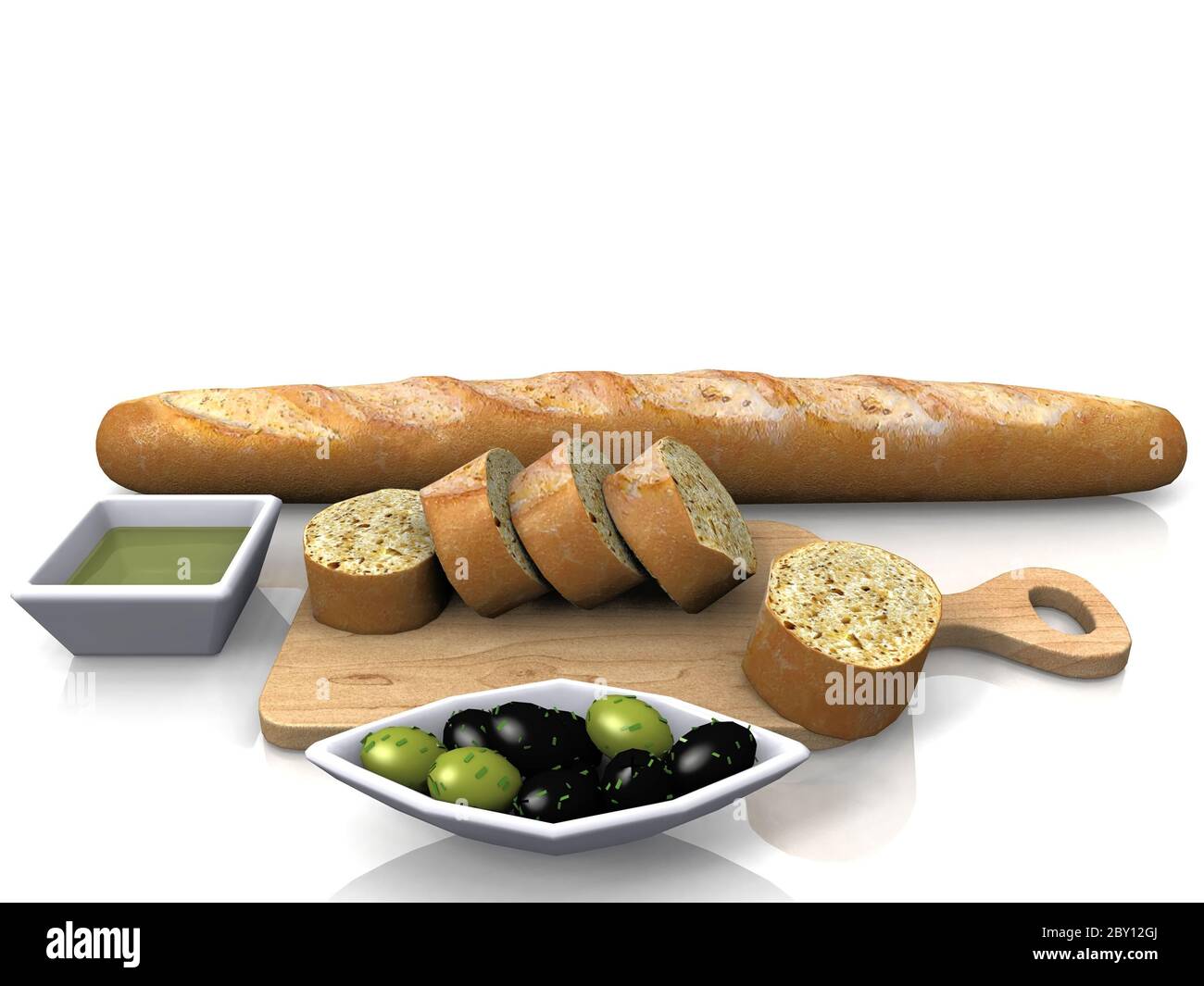 Französisches Brot und Oliven Stockfoto