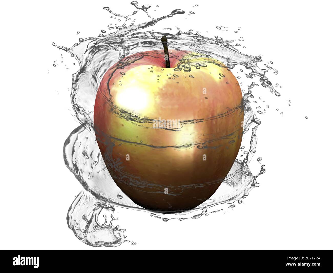 apfel und Wasserstrahl auf weißem Hintergrund Stockfoto