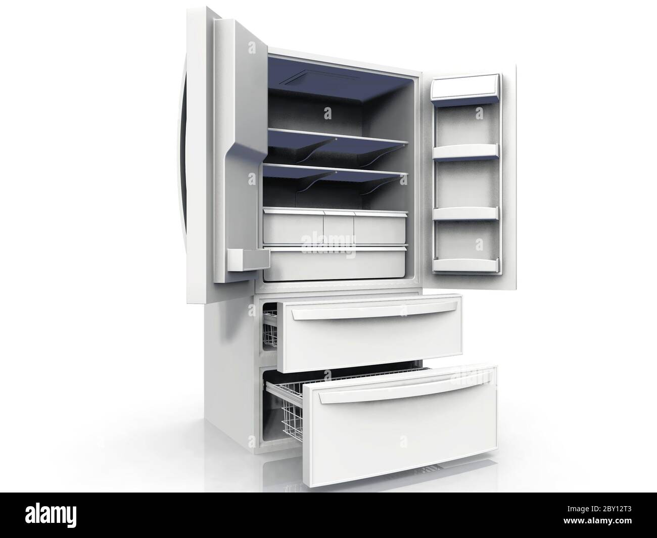 Amerikanischer Kühlschrank auf weißem Hintergrund Stockfoto