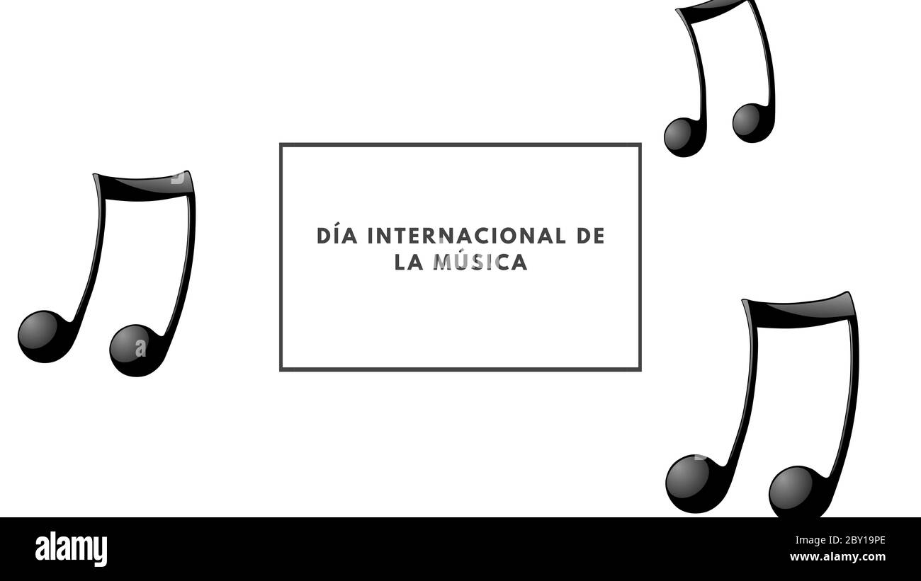 Design in spanisch zum Weltmusiktag. Illustration, Banner, Karte für Musik. Banner mit Zeichnungen und Text.Weiß und Schwarz Design. Glückliche Weltmusik d Stockfoto