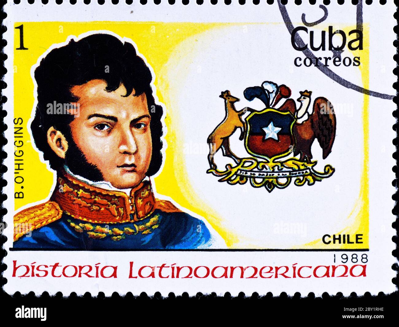 Briefmarke zeigt den chilenischen Gouverneur B. O'Higgins Stockfoto