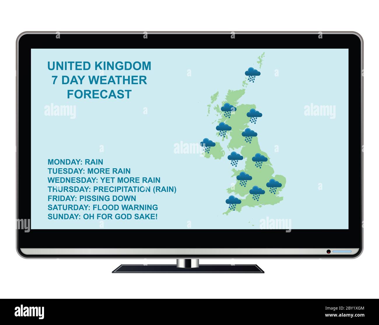 Komisch Vereinigtes Königreich 7-Tage-Wettervorhersage mit Regen die ganze Woche isoliert auf weißem Hintergrund Stockfoto