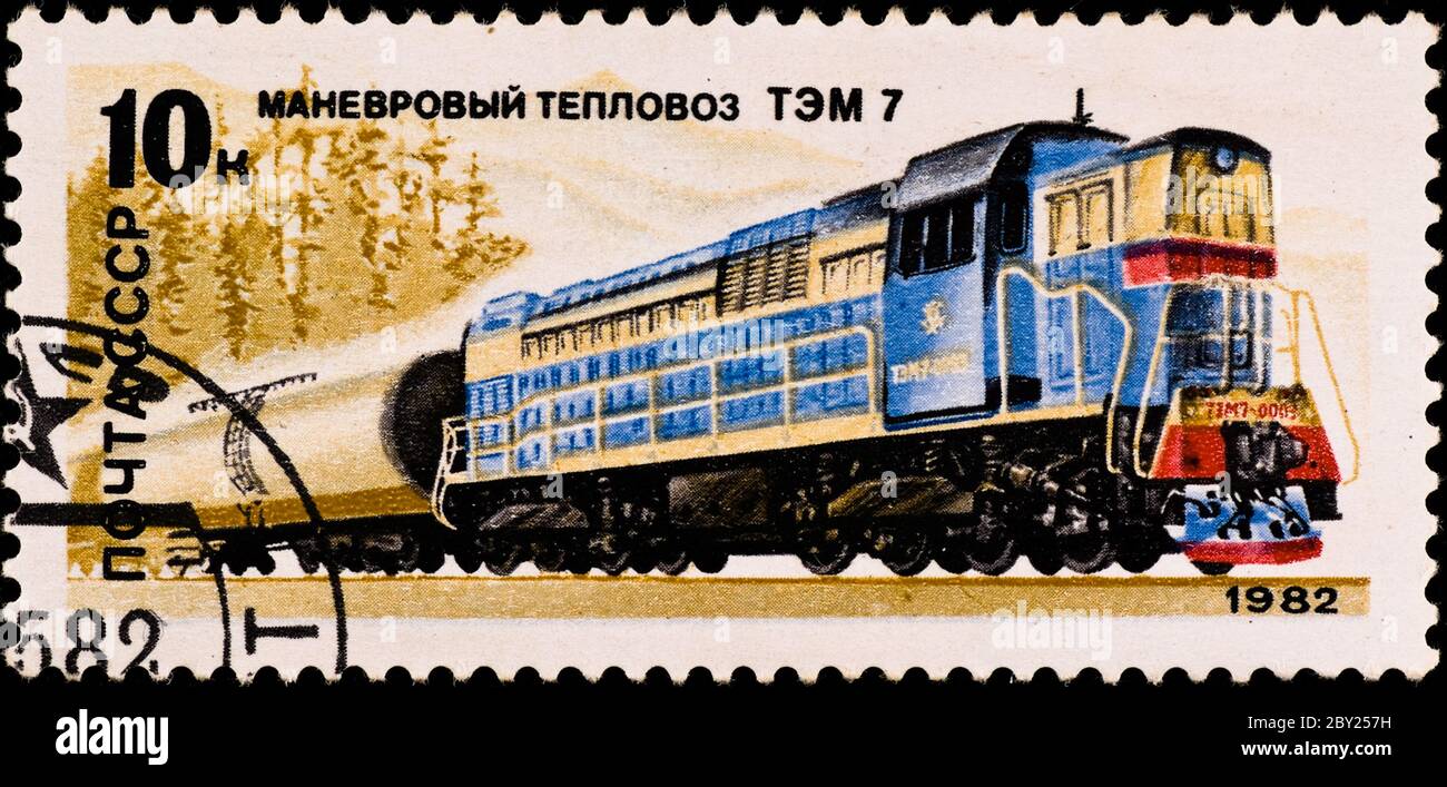 Briefmarke zeigt russischen Zug TAM-7 Stockfoto