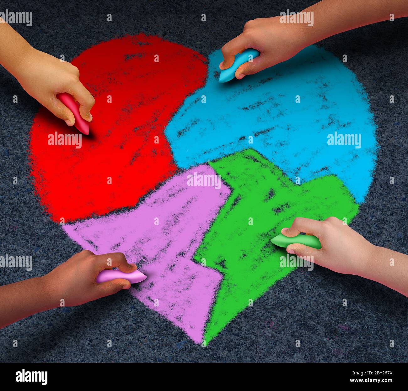 Verschiedene Kinder arbeiten zusammen als ein kulturelles Diversity-Konzept mit multirassischen Kindern zeichnen ein Herz und Rasse Bildung in einem 3D-Illustration-Stil. Stockfoto