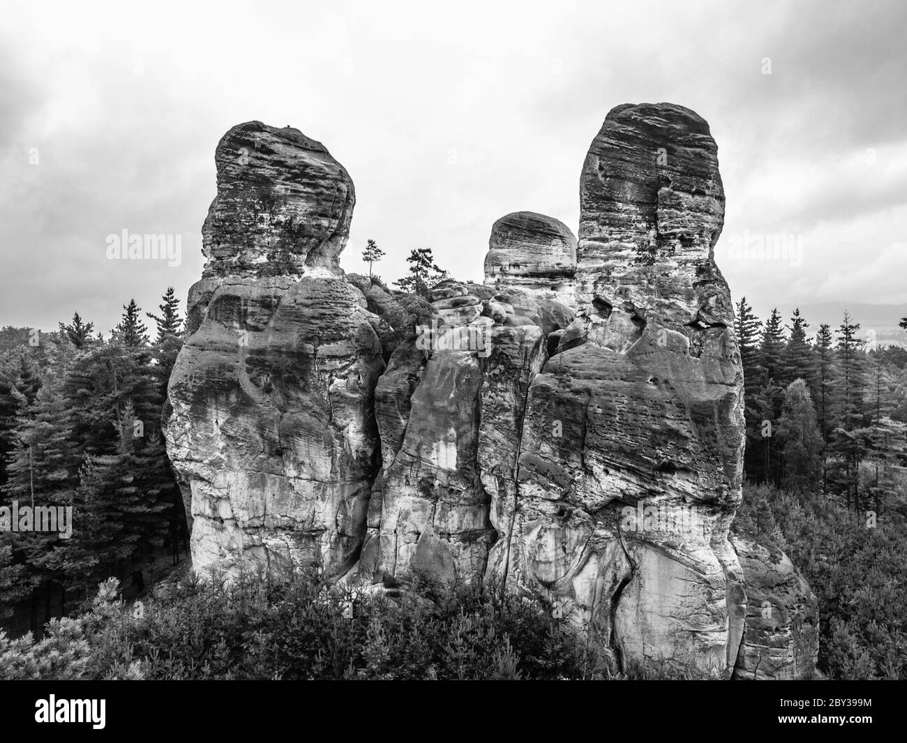 Sandsteinfelsen in Böhmisches Paradies, oder Cesky Raj, in der Tschechischen Republik. Schwarzweiß-Bild. Stockfoto