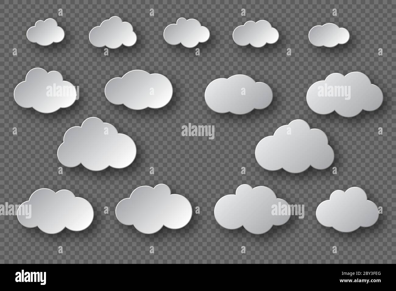 Papier geschnitten weiße Wolken Sammlung. 3d-Effekt mit Schatten. Dekorative Elemente auf transparentem Hintergrund isoliert, Vektor-Illustration. Stock Vektor