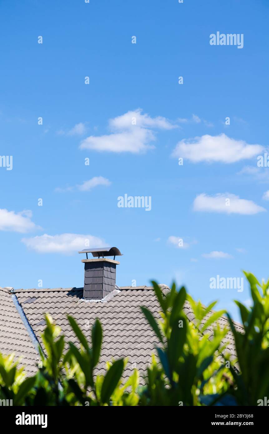 Dach eines Hauses mit Kamin und grünem Kirschenlauer, Prunus laurocerasus, gegen blauen Himmel mit Cumuluswolken während der Sommerzeit in Deutschland Stockfoto
