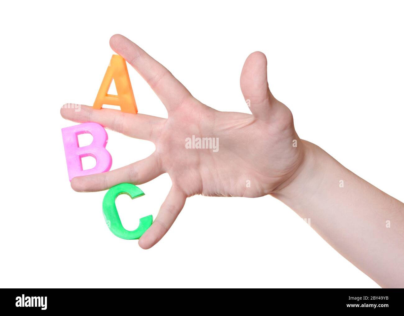 ABC Buchstaben in Hand isoliert Stockfoto