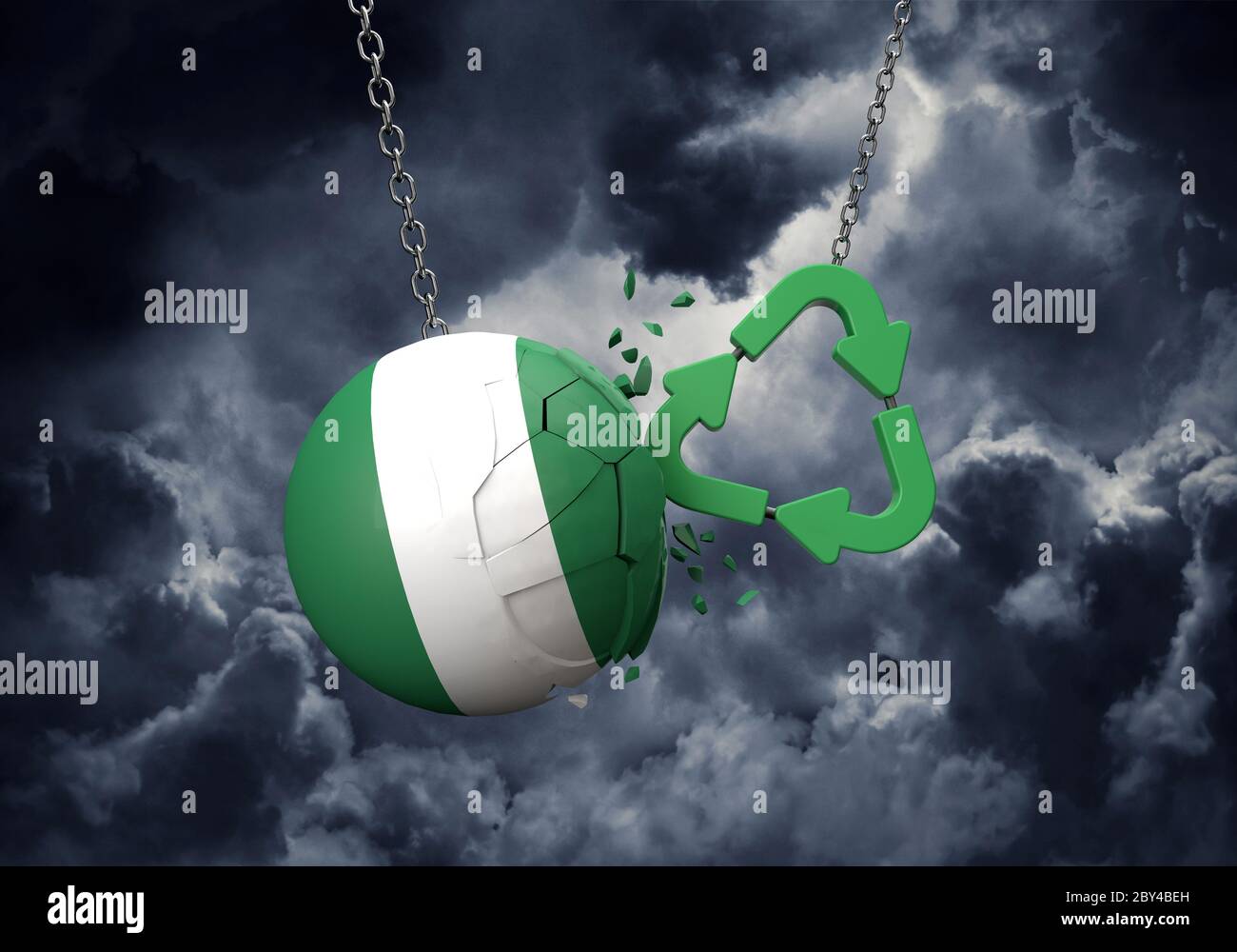 Green Recycling Symbol Absturz in eine Nigeria Flagge Ball. 3D-Rendering Stockfoto