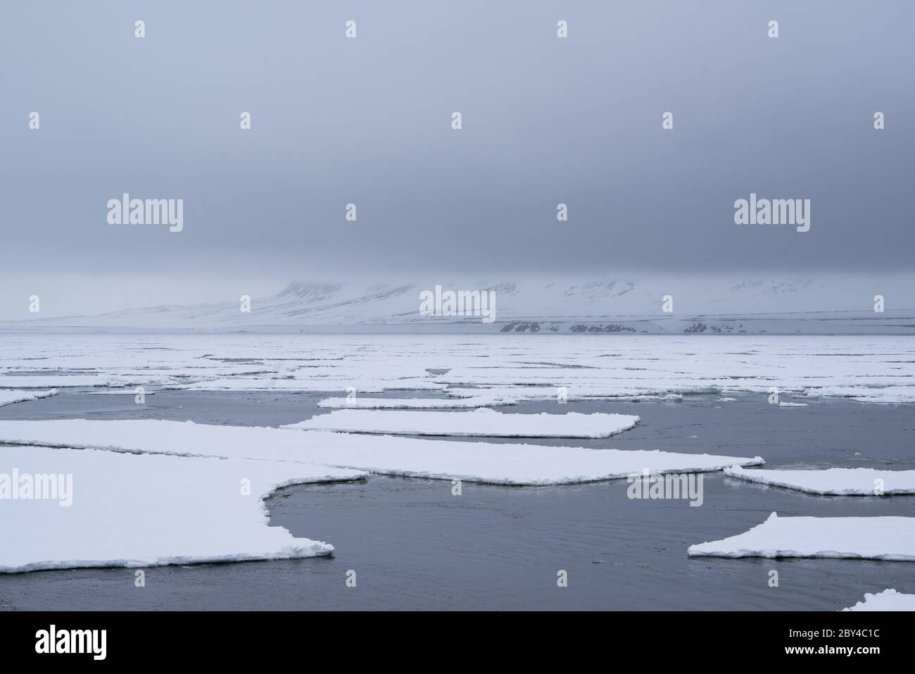 Schmelzendes Meereis in der Arktis auf Spitzbergen an einem bewölkten Tag mit Bergen Stockfoto