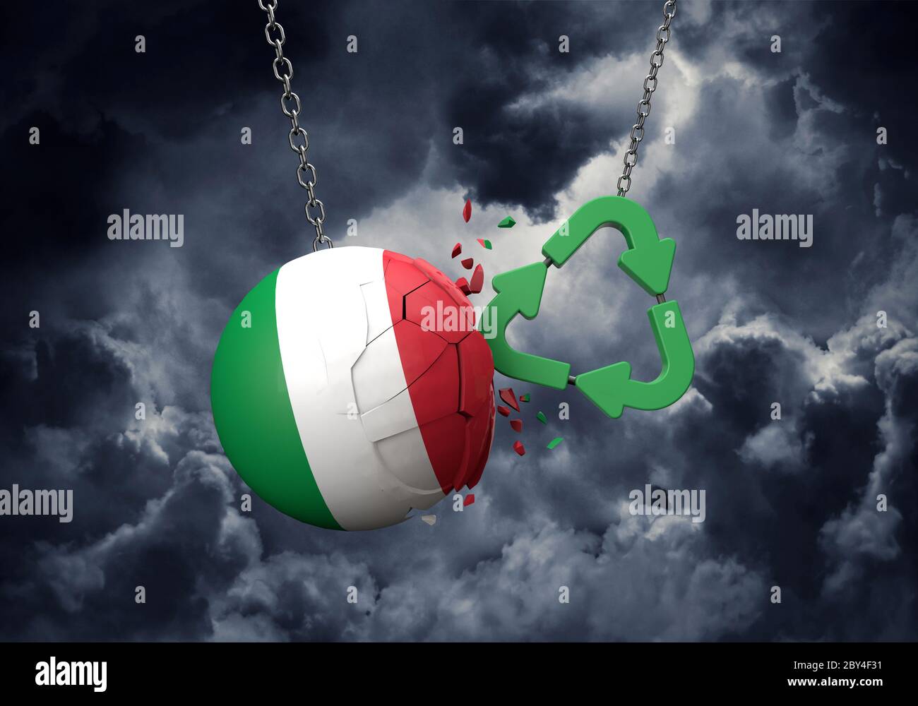 Green Recycling Symbol Absturz in eine Italien Flagge Ball. 3D-Rendering Stockfoto
