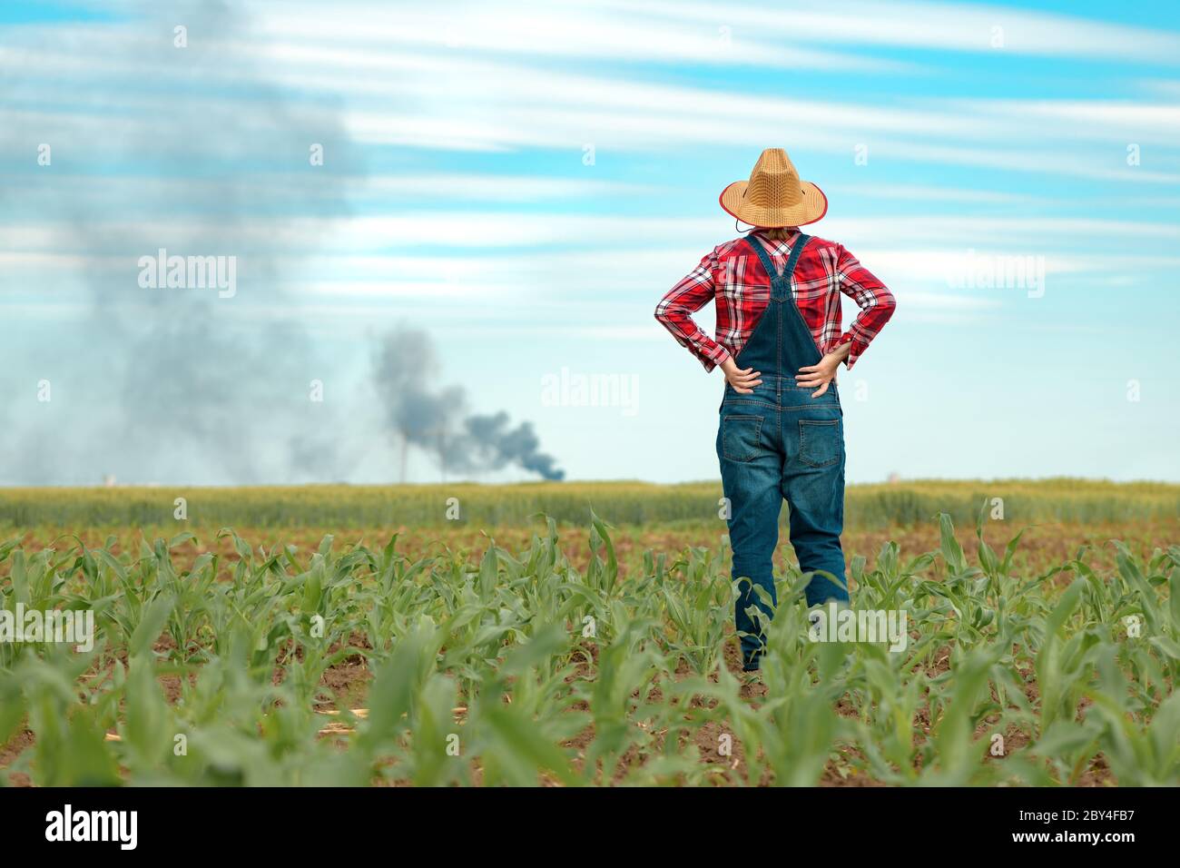 Besorgte Farmerin in Maisfeld Blick auf schwarzen Rauch am Horizont, Konzept der Versicherung in der Landwirtschaft und Landwirtschaft Stockfoto
