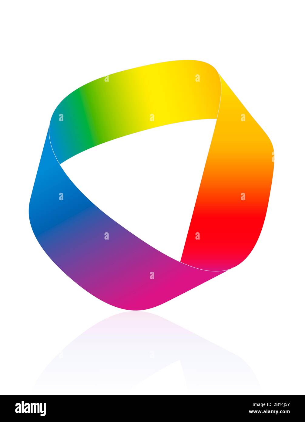 Moebius-Streifen, regenbogenfarbenes Mobius-Band. Fläche mit nur einer Seite und einer Grenze. Mathematisch nicht orientierbar - Symboldarstellung auf weiß. Stockfoto